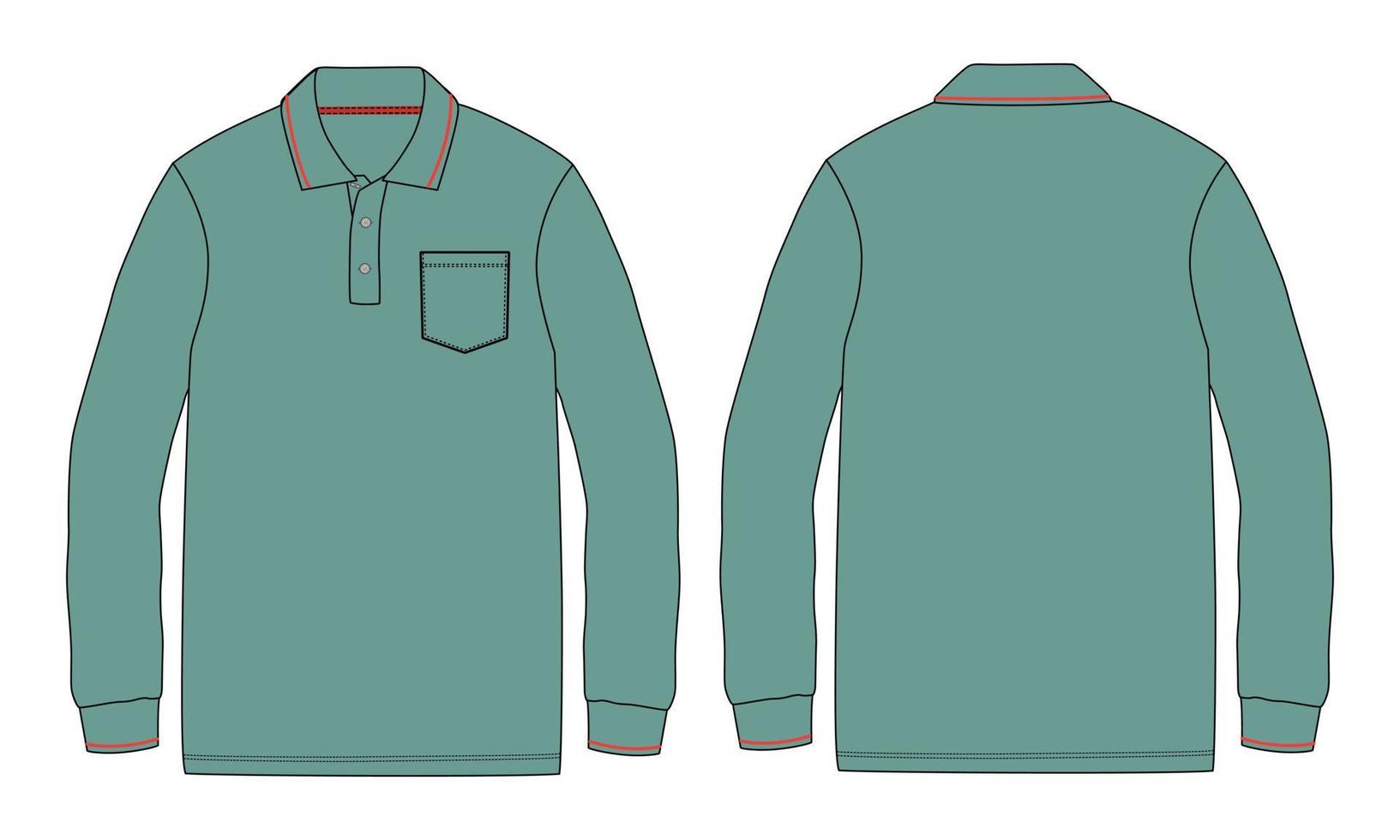 poloshirt met lange mouwen met zak technische mode platte schets vector illustratie groene kleur mock up sjabloon voor- en achterkant uitzicht geïsoleerd op een witte achtergrond.