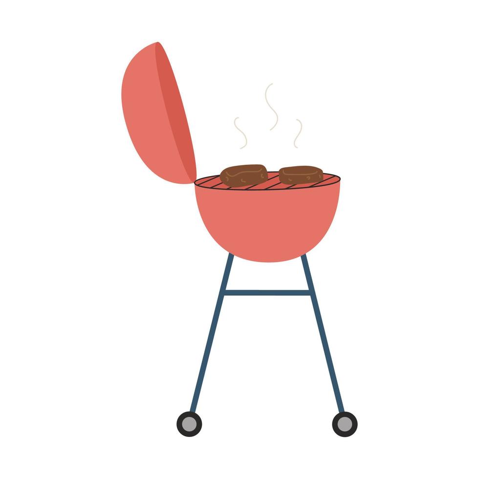barbecue, grill met braadvlees, biefstuk. barbecue apparatuur voor een feest, picknick, achtertuin. koken op kolen. platte vectorillustratie geïsoleerd op een witte achtergrond. vector