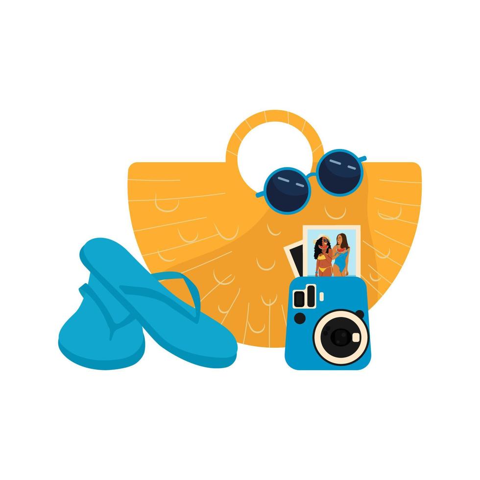 zomeraccessoires voor op het strand. tas, zonnebril, slippers, camera. strandaccessoires voor dames. vectorillustratie in vlakke stijl. vector