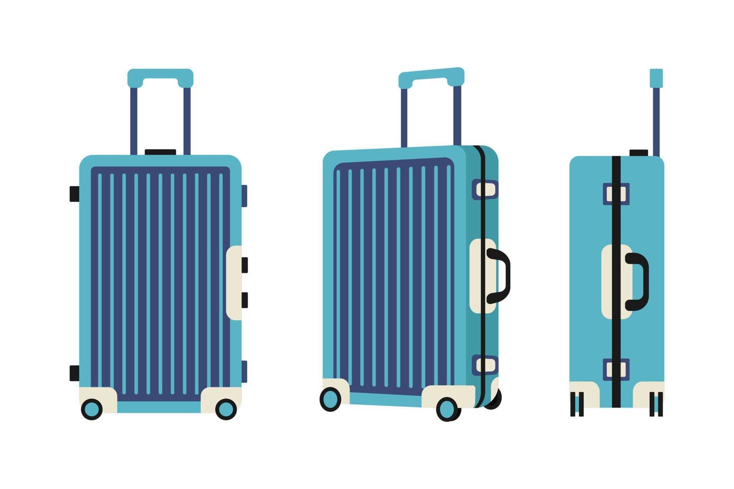 vectorillustratie van een blauwe plastic reiskoffer in voor- en zijaanzicht. reizen vakanties ontwerp afbeelding, vectorillustratie van een bagage, bagage, koffer op een witte achtergrond. vector