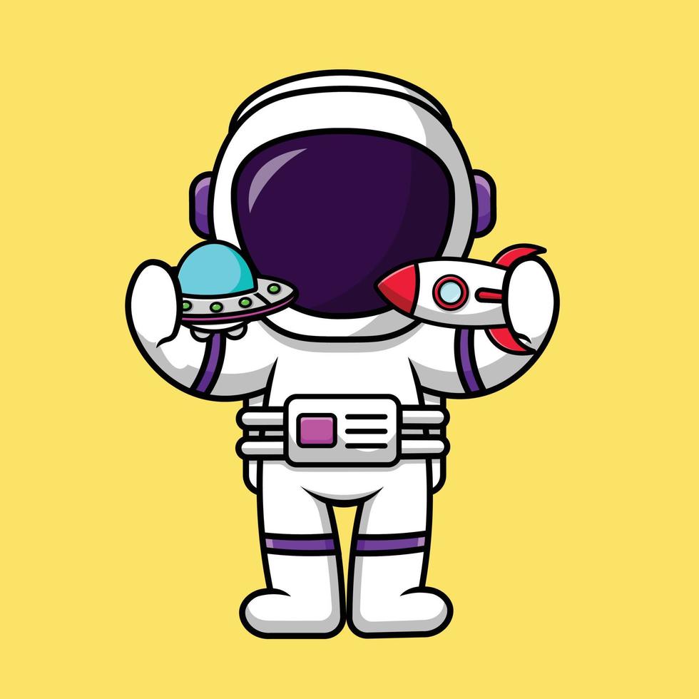 schattige astronaut spelen ufo en raket speelgoed cartoon vector pictogram illustratie. wetenschap technologie pictogram concept geïsoleerde premium vector.