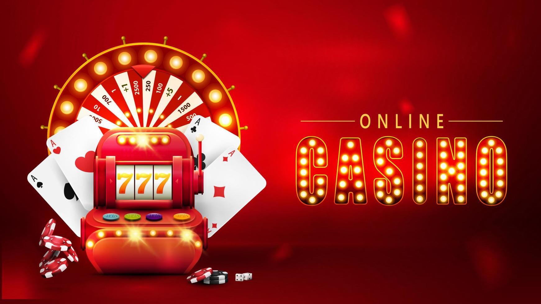 online casino, rode banner met rode gokautomaat, speelkaarten, pokerfiches en casinowielfortuin vector