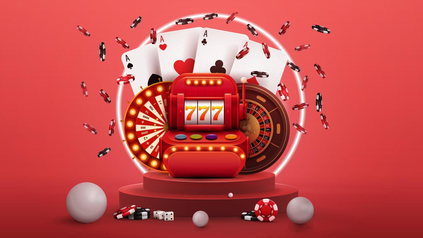 roze podium met rode gokautomaat, casino wiel fortuin, roulette, poker chips, speelkaarten en neon ring op achtergrond roze abstracte scène met neon witte ring vector