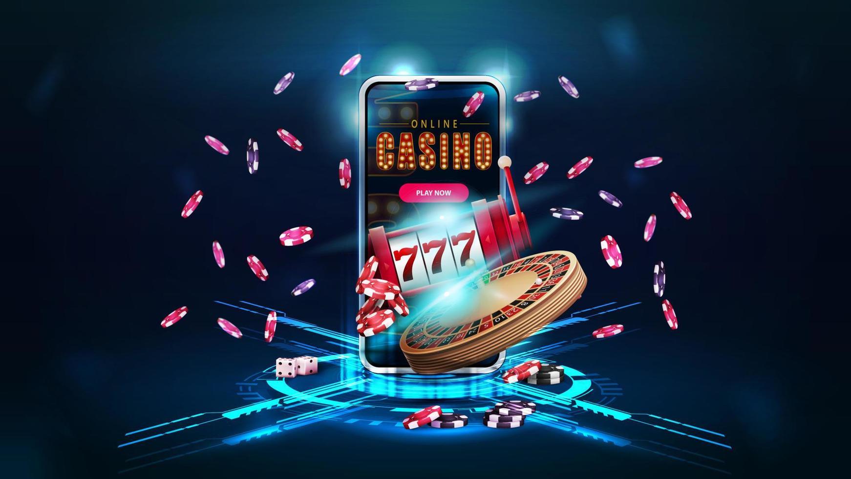online casino, banner met smartphone, casino roulettewiel, gokautomaat, pokerfiches en digitaal hologram van podium met digitale ringen en kruis in donkere kamer vector