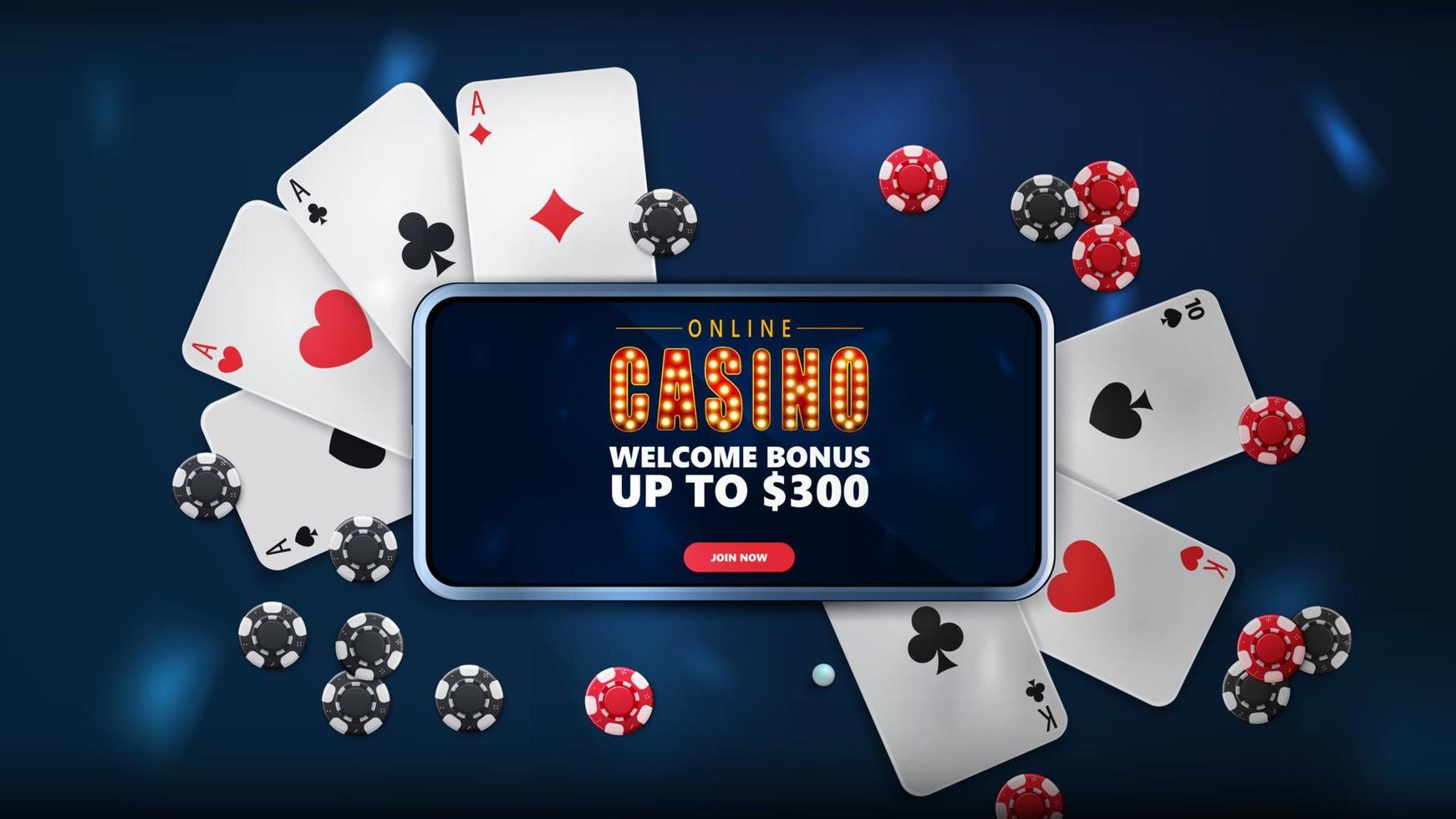 online casino, blauwe banner met smartphone met aanbieding, speelkaarten en pokerfiches, bovenaanzicht vector