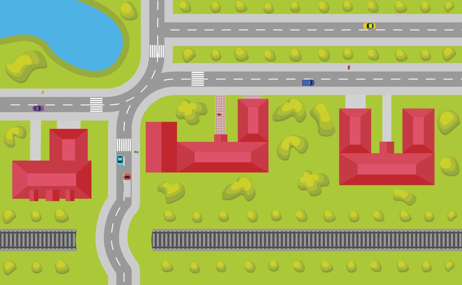 wegenkaart met huizen, meer, boom en treinweg vector