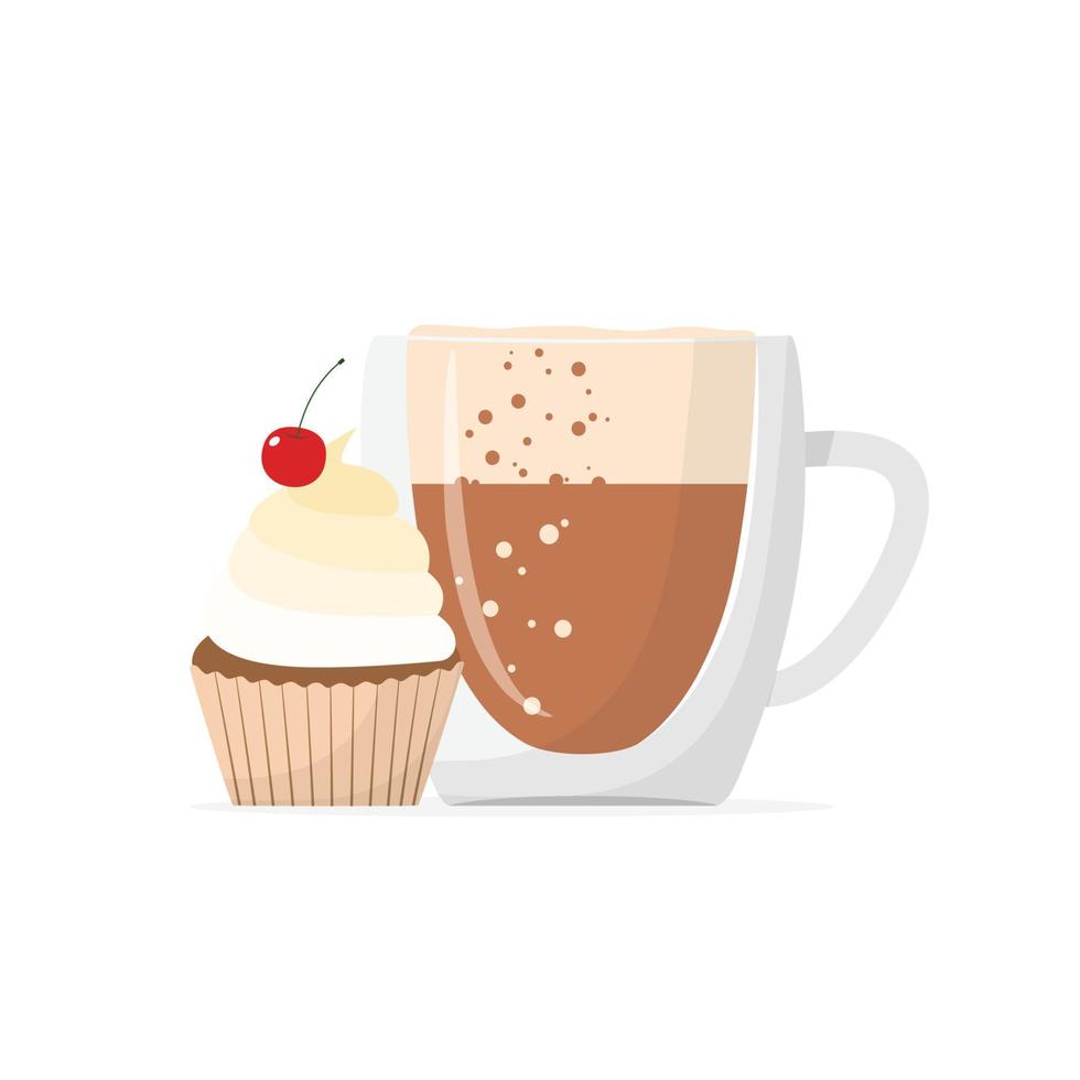 glazen kopje cappuccino of laat met muffin. cupcake met kersen en koffie. vector illustratie