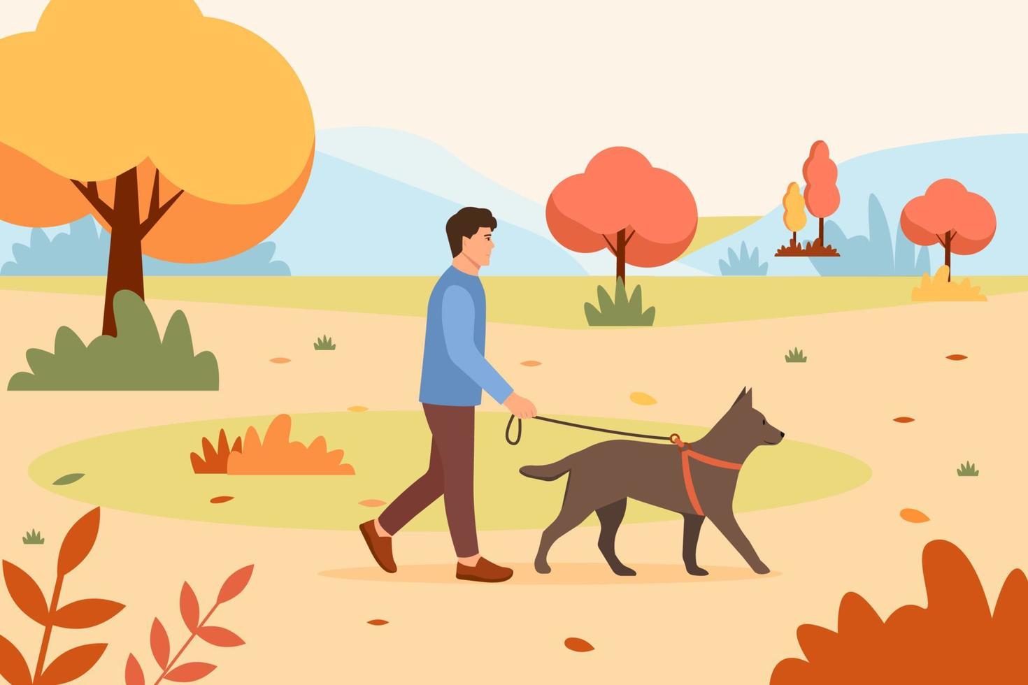 man wandelende hond in herfst park. zorg voor huisdieren. herfst nature.vector afbeelding in vlakke stijl. vector