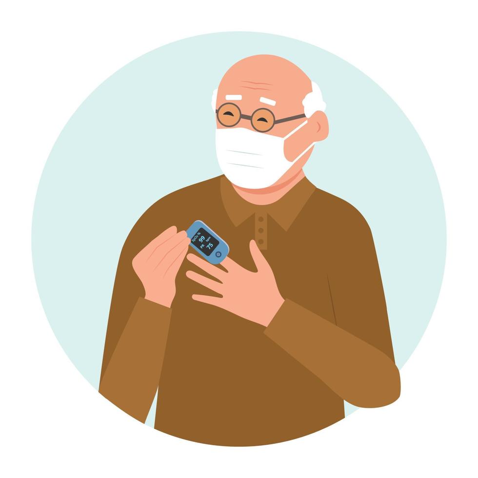 senior man met behulp van pulse oximeter apparaat op finger.pulse oximeter met normale waarde. digitaal apparaat om zuurstofverzadiging te meten. vectorillustratie op witte achtergrond vector