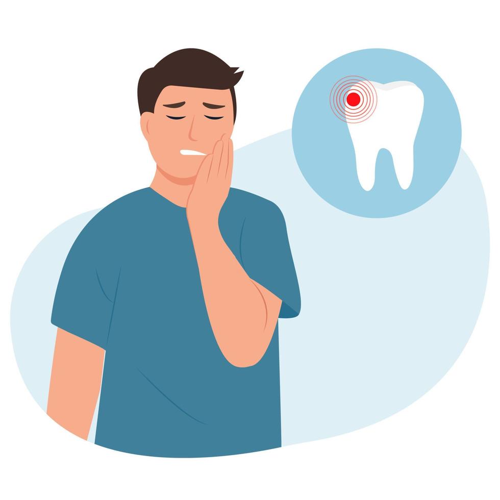 jonge man voelt pijn, houdt zijn wang met de hand vast, lijdt aan slechte kiespijn. man met pijnlijke expression.caries. ernstige tandpijn. vectorillustratie in cartoon-stijl geïsoleerd vector