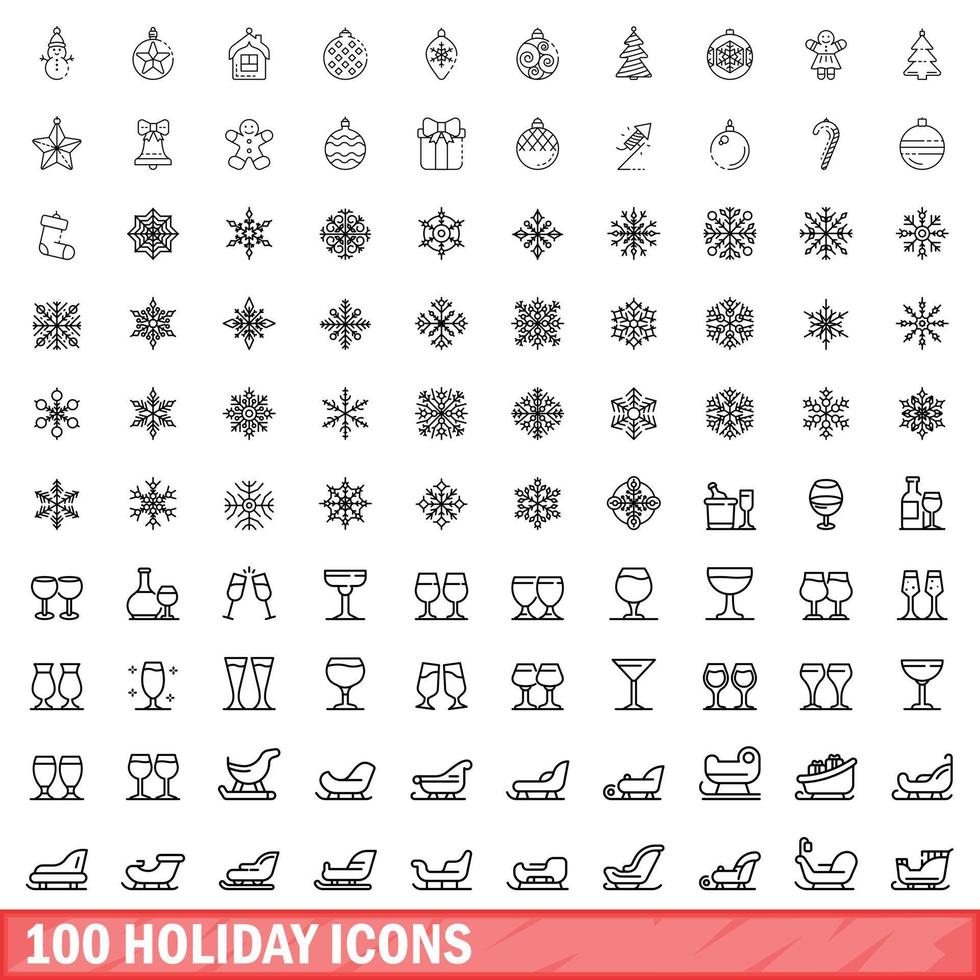 100 vakantie iconen set, Kaderstijl vector