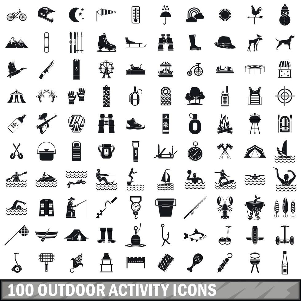 100 outdoor activiteit iconen set, eenvoudige stijl vector