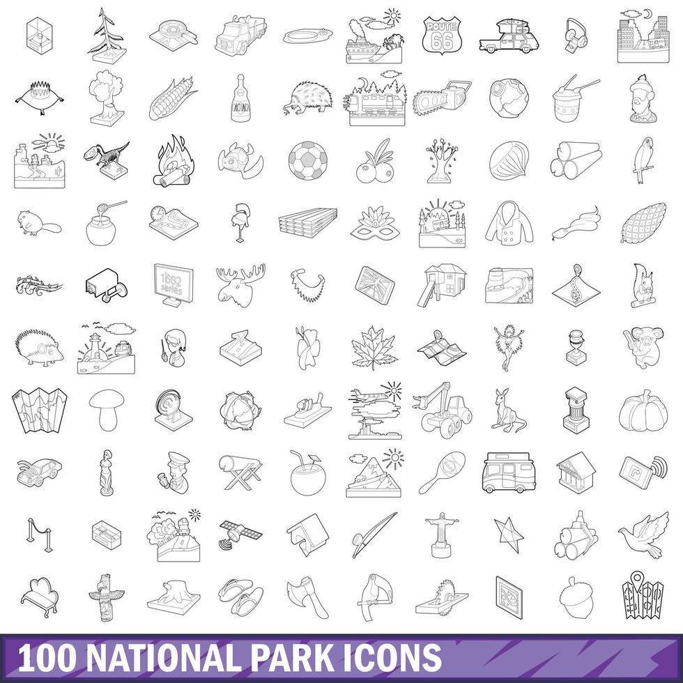 100 nationaal park iconen set, Kaderstijl vector