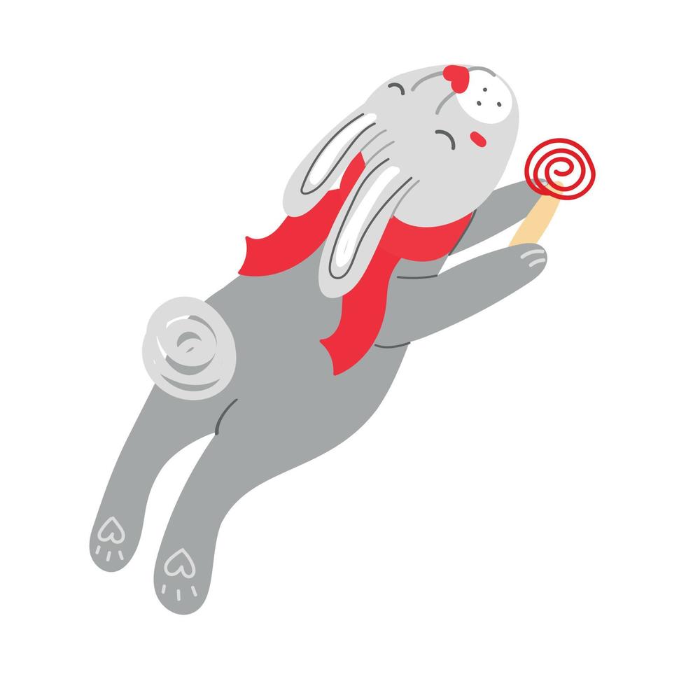 grappige cartoon konijn in rode sjaal met snoep. kerstvakantie. vector illustratie