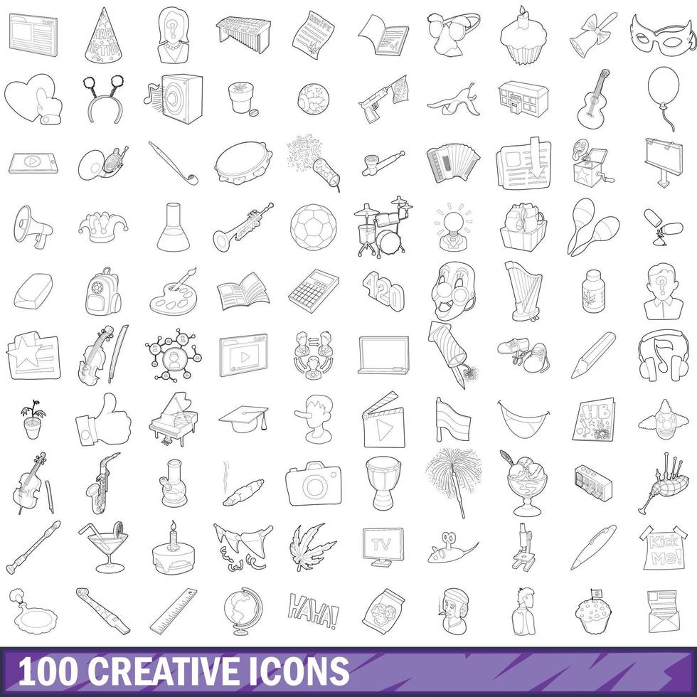 100 creatieve iconen set, Kaderstijl vector