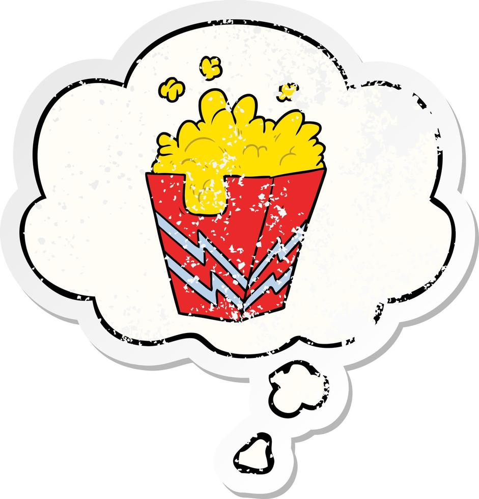 cartoondoos met popcorn en tekstballon als een versleten versleten sticker vector