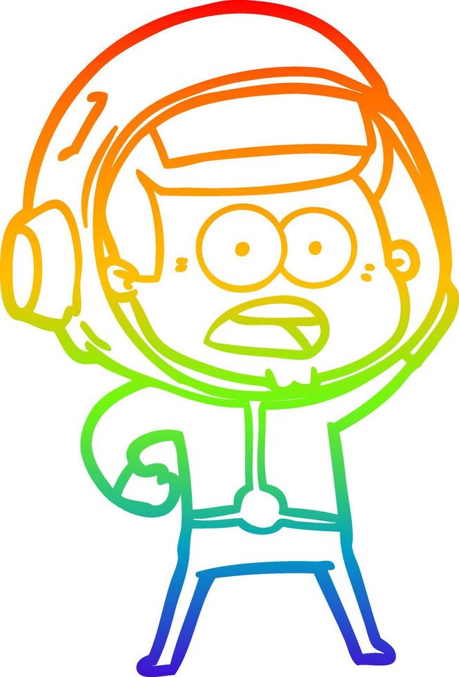 regenbooggradiënt lijntekening cartoon verrast astronaut vector