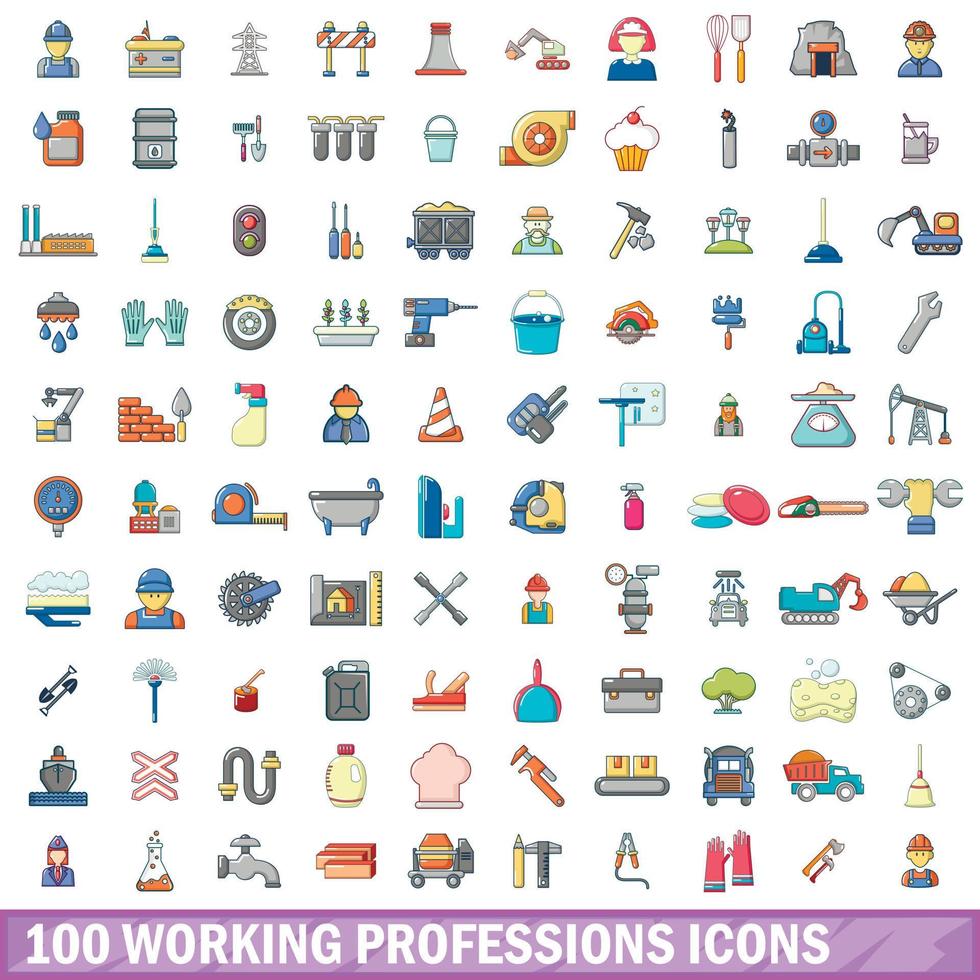 100 werkende beroepen iconen set, cartoon stijl vector