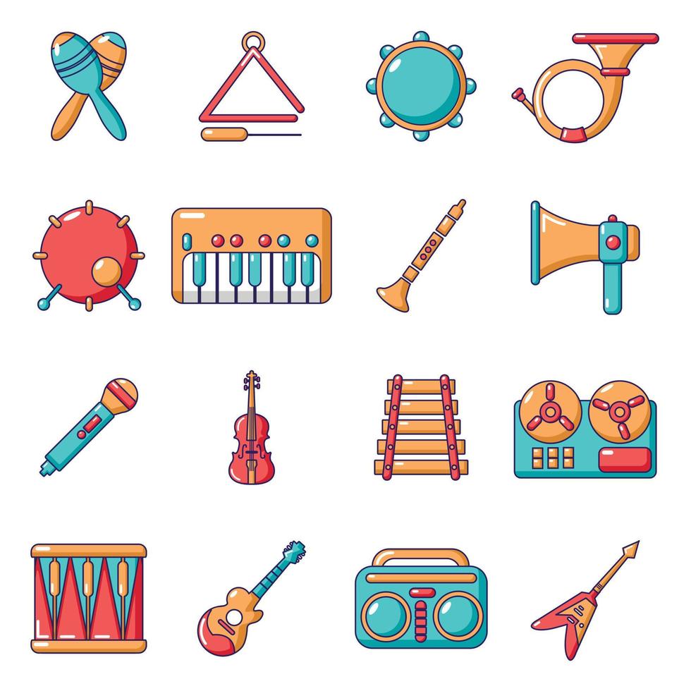 muziekinstrumenten iconen set, cartoon stijl vector