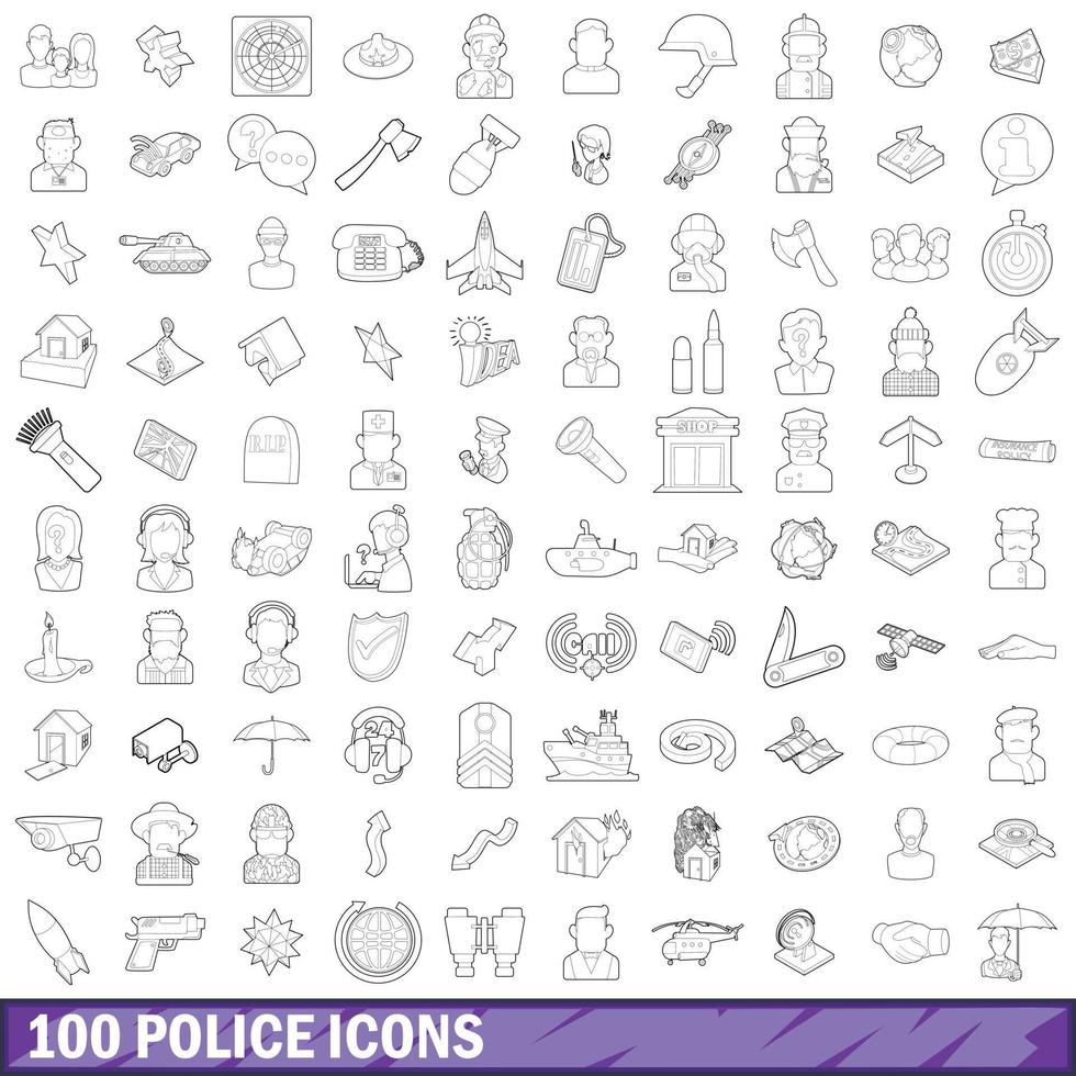 100 politie iconen set, Kaderstijl vector