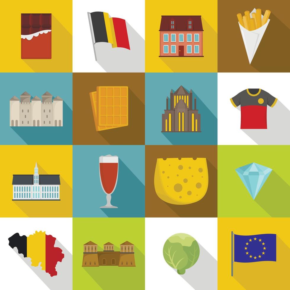 België reizen iconen set, vlakke stijl vector