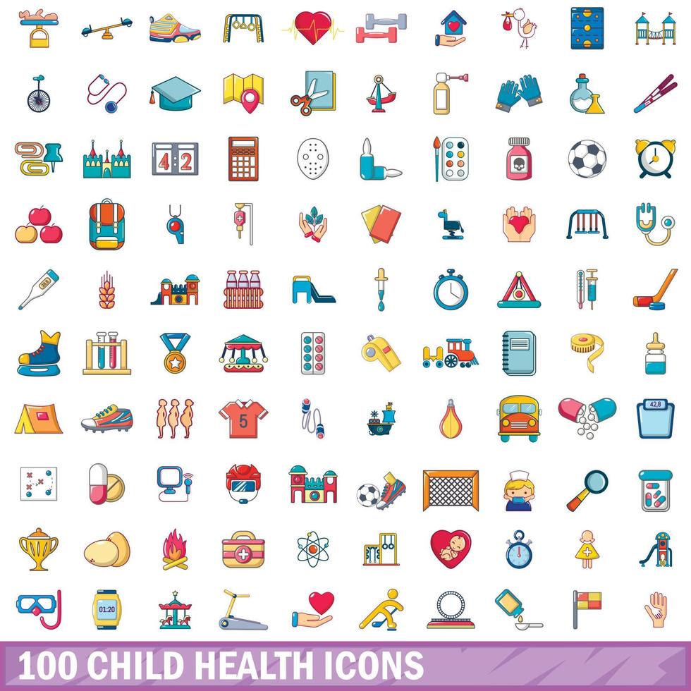 100 kindergezondheid iconen set, cartoon stijl vector