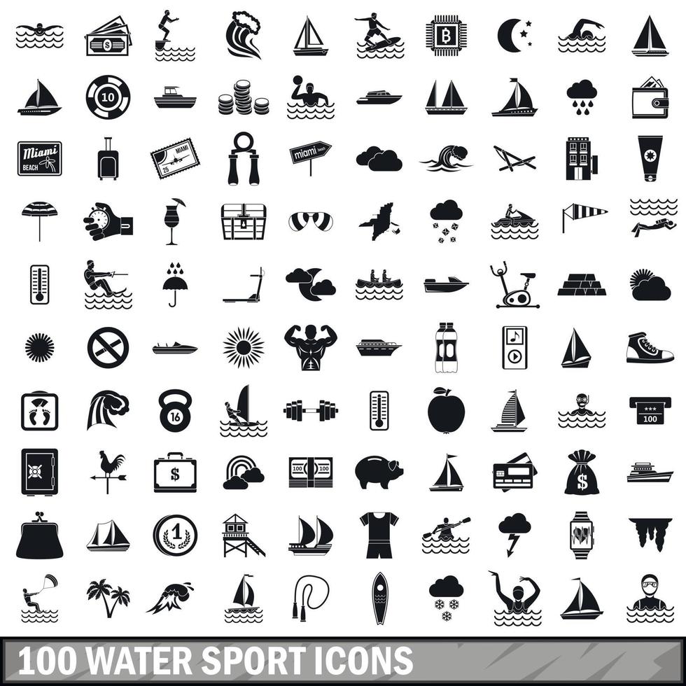 100 watersport iconen set, eenvoudige stijl vector