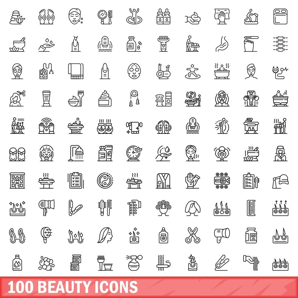 100 schoonheid iconen set, Kaderstijl vector