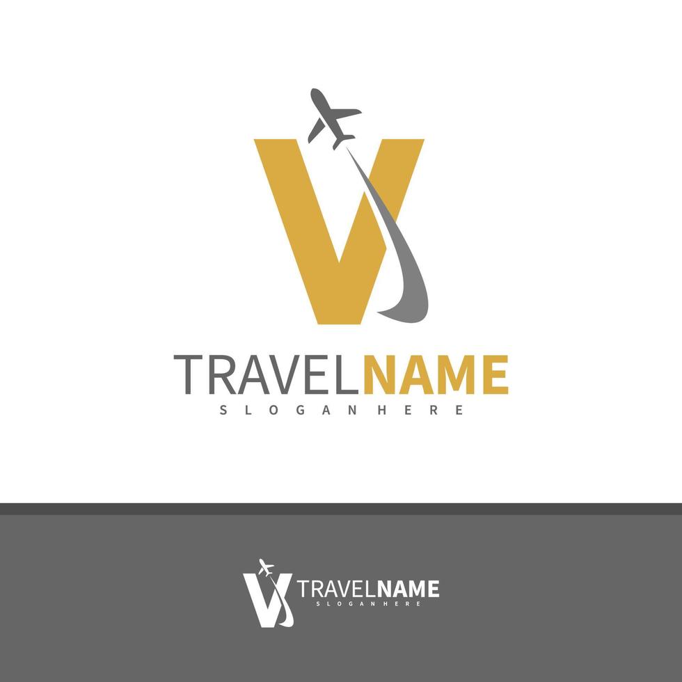 vliegtuig met letter v logo ontwerp vector, creatieve reizen logo concepten sjabloon illustratie. vector