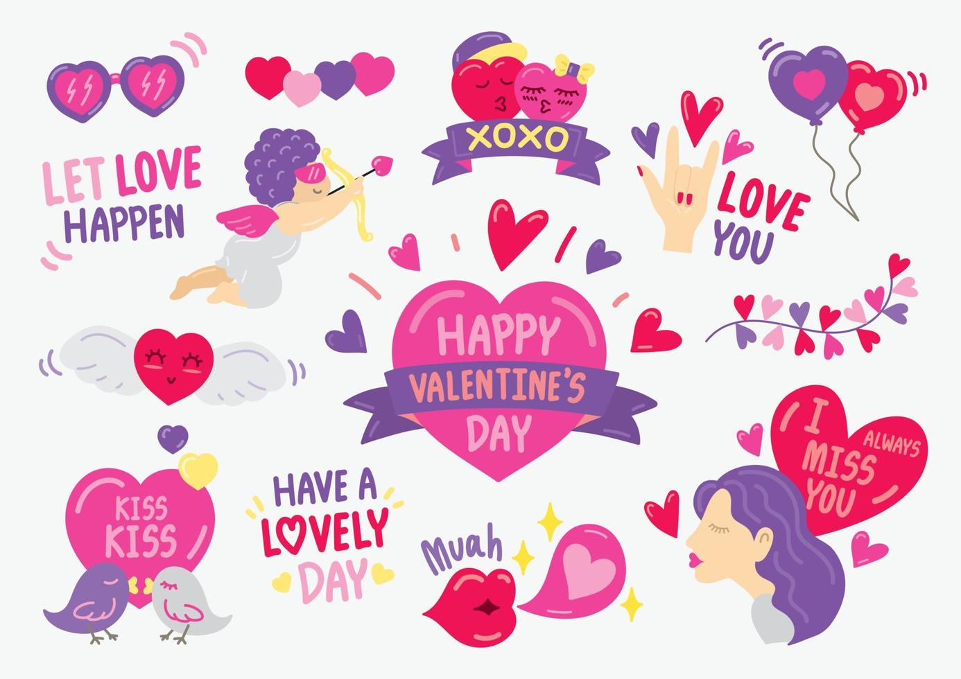 Valentijnsdag handgetekende stickers vector set met wensberichten.