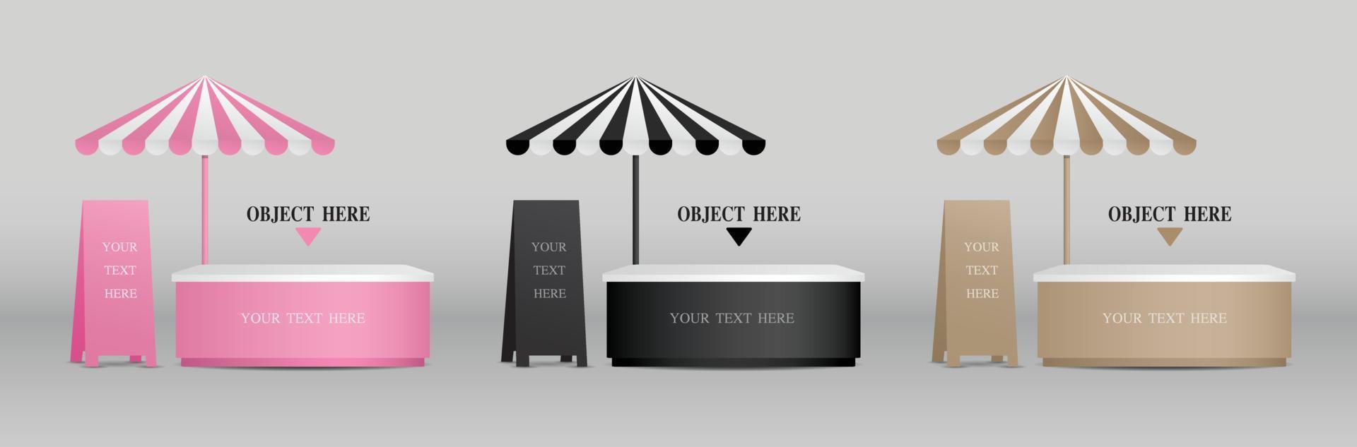 leuke mobiele standverzameling met parasol en uithangbord 3d illustratievector om uw object te plaatsen vector