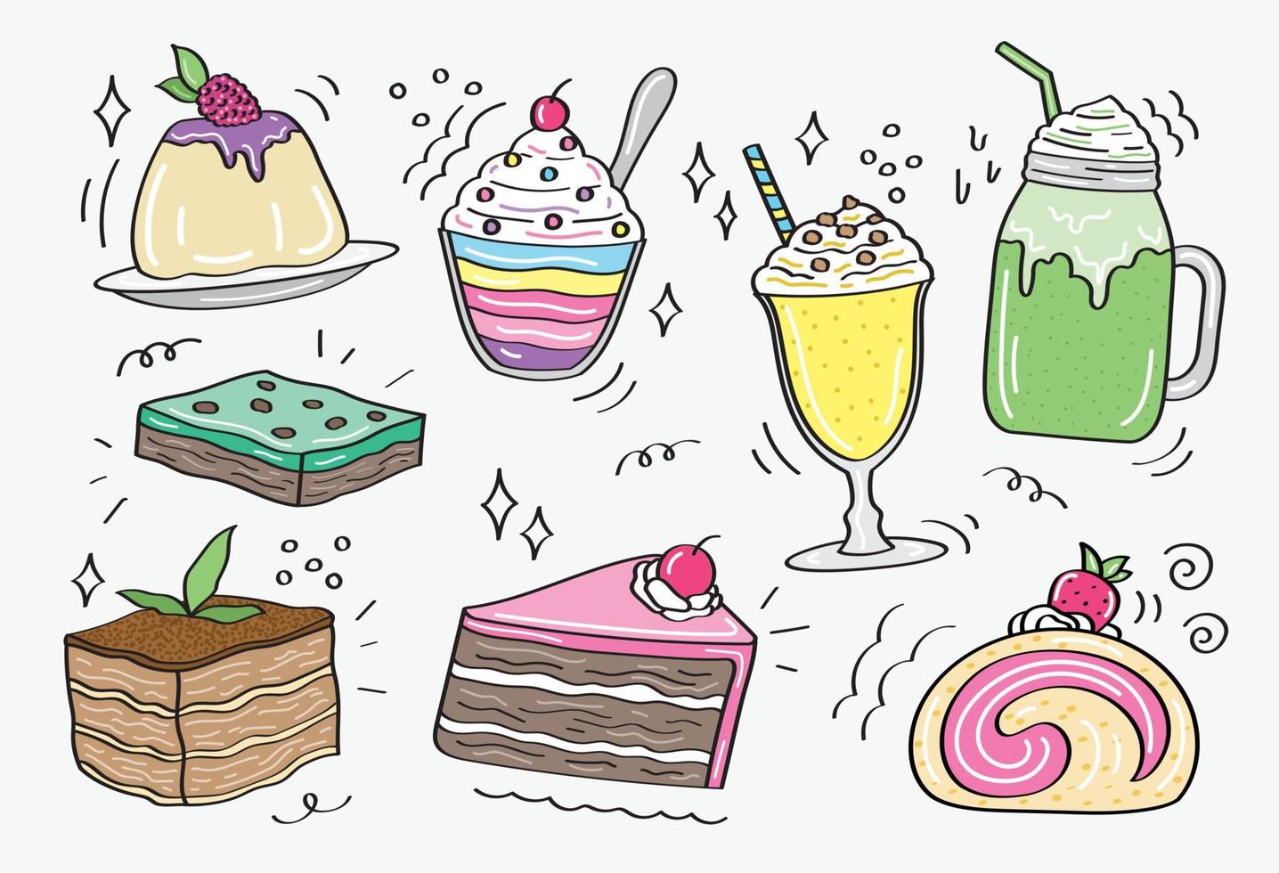 leuke en schattige desserts vector set in doodle stijl.