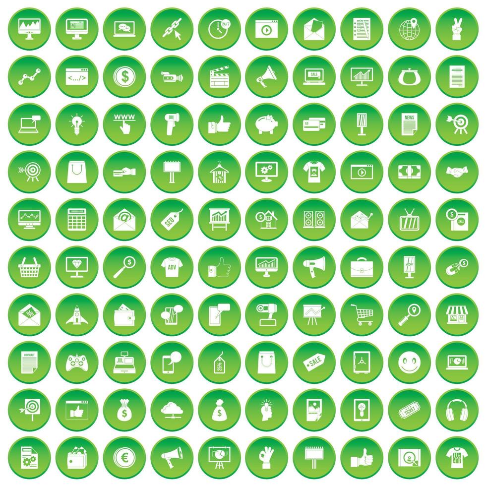 100 internetmarketingpictogrammen instellen groene cirkel vector