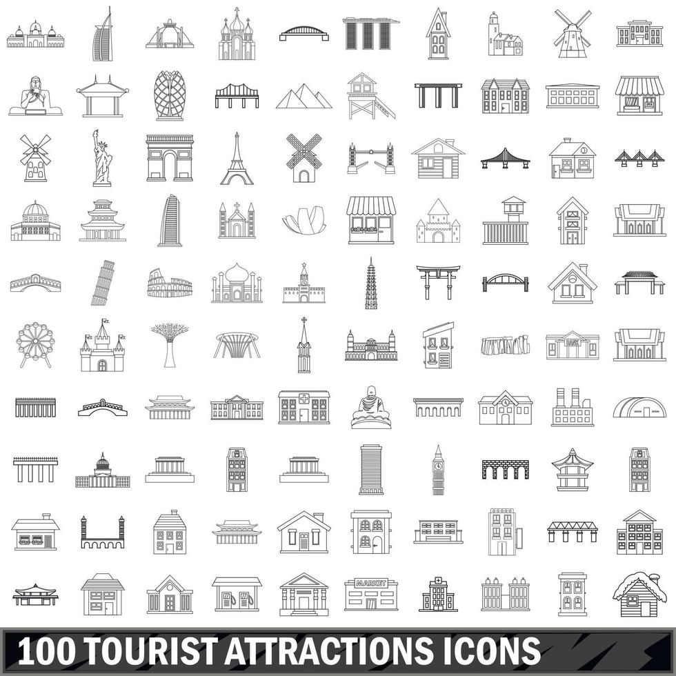10 toeristische attracties iconen set, Kaderstijl vector