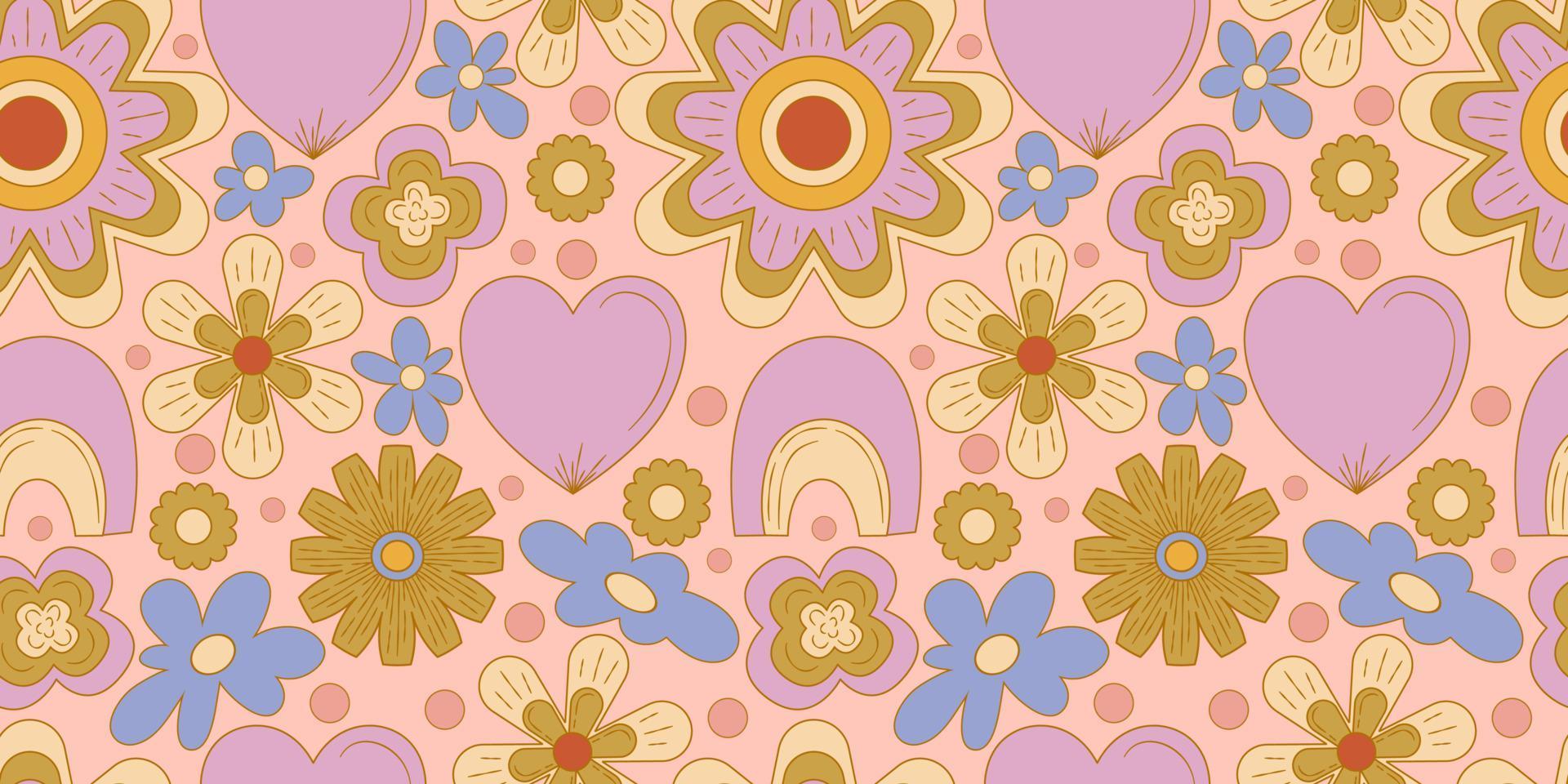 groovy y2k retro naadloos patroon met bloem, regenboog. retro vectorillustratie. hip bloem achtergrond. kleurrijke hippie naadloze patroon illustratie. vector