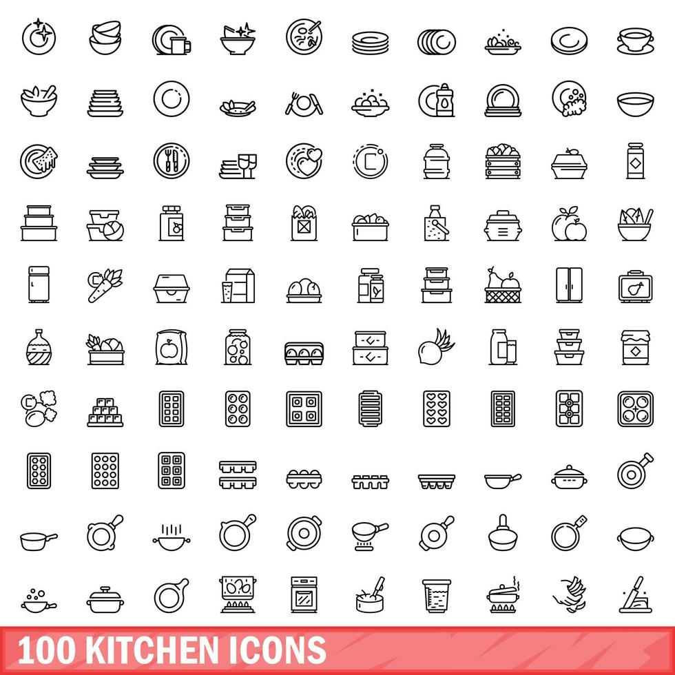 100 keuken iconen set, Kaderstijl vector