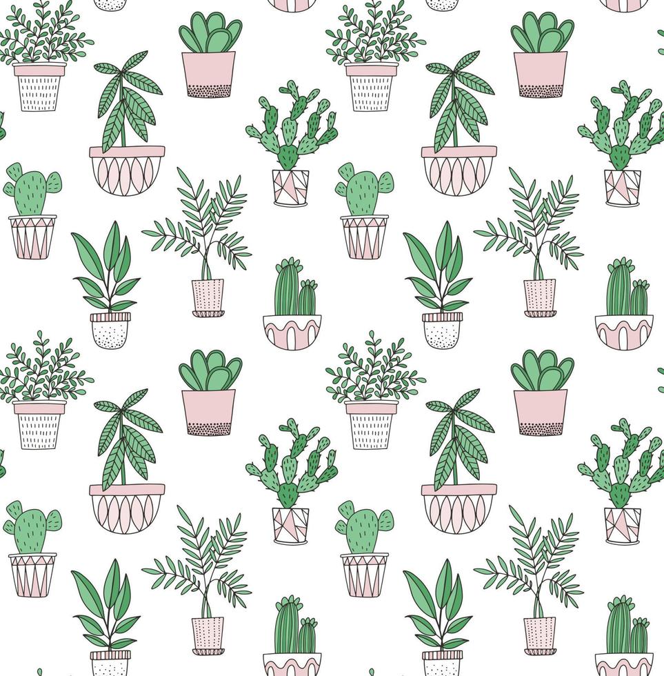 potplanten vector patroon in doodle Scandinavische stijl. vetplanten, cactussen en andere kamerplanten in geometrische potten. naadloze achtergrond.