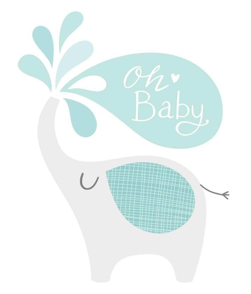 schattige olifant met spatten en oh baby belettering voor baby shower uitnodiging of verjaardag wenskaarten. kinderkamer poster kunst. lief dierlijk karakter. jongetje. vector