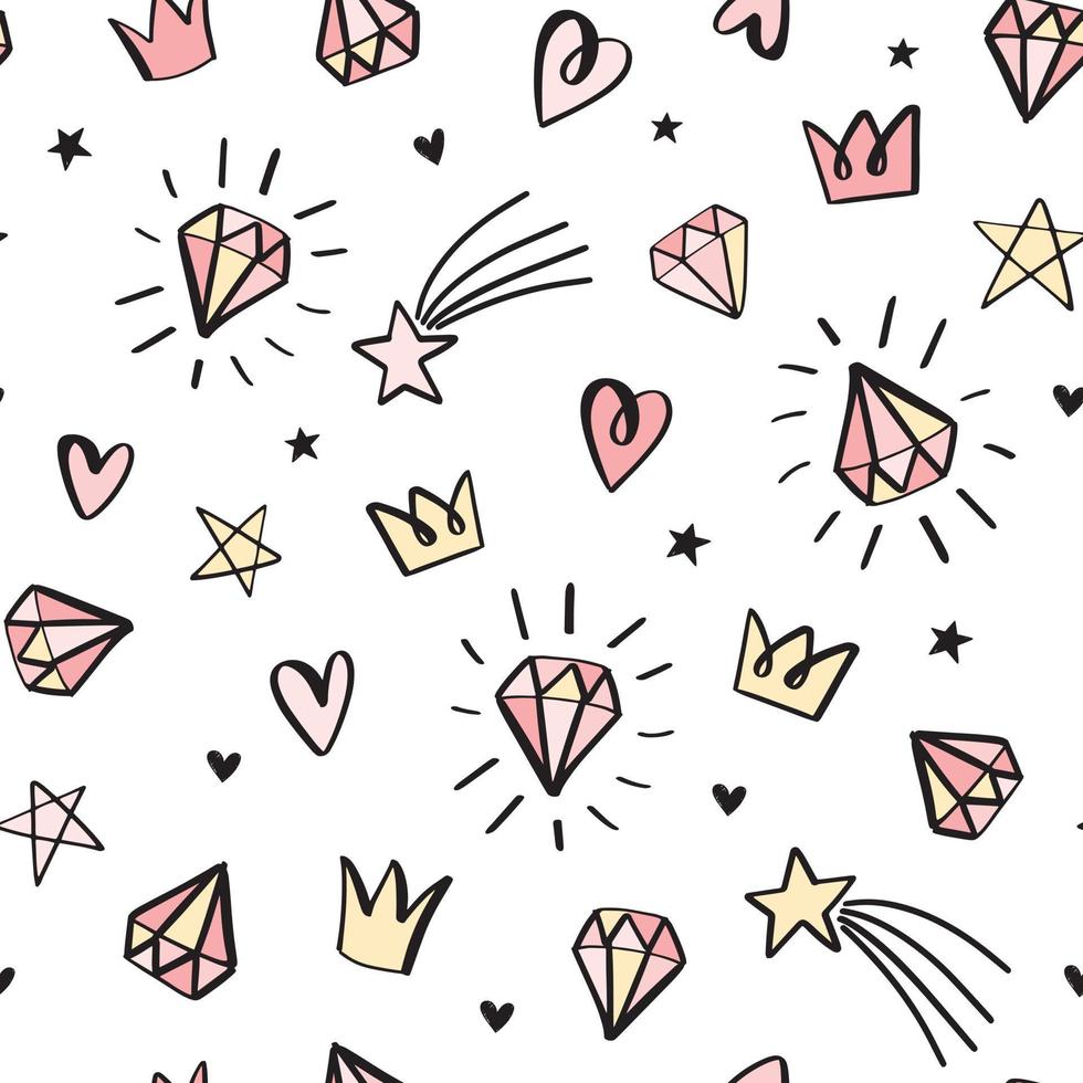 hand getekende naadloze patroon met doodle diamanten, kronen, sterren en harten. schattige baby en kleine prinses ontwerp. vector