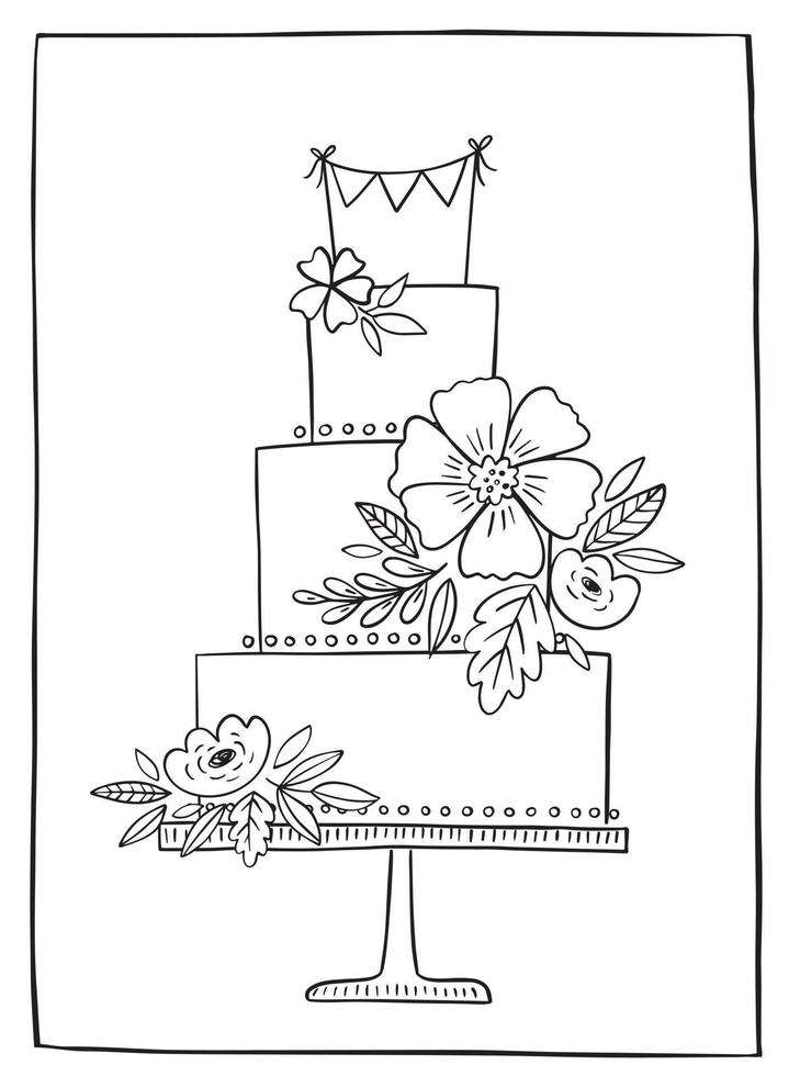 bruidstaart hand getekende vectorillustratie. lineaire zwart-witte cake met bloemendecoratie en bunting banner op een standaard. vector