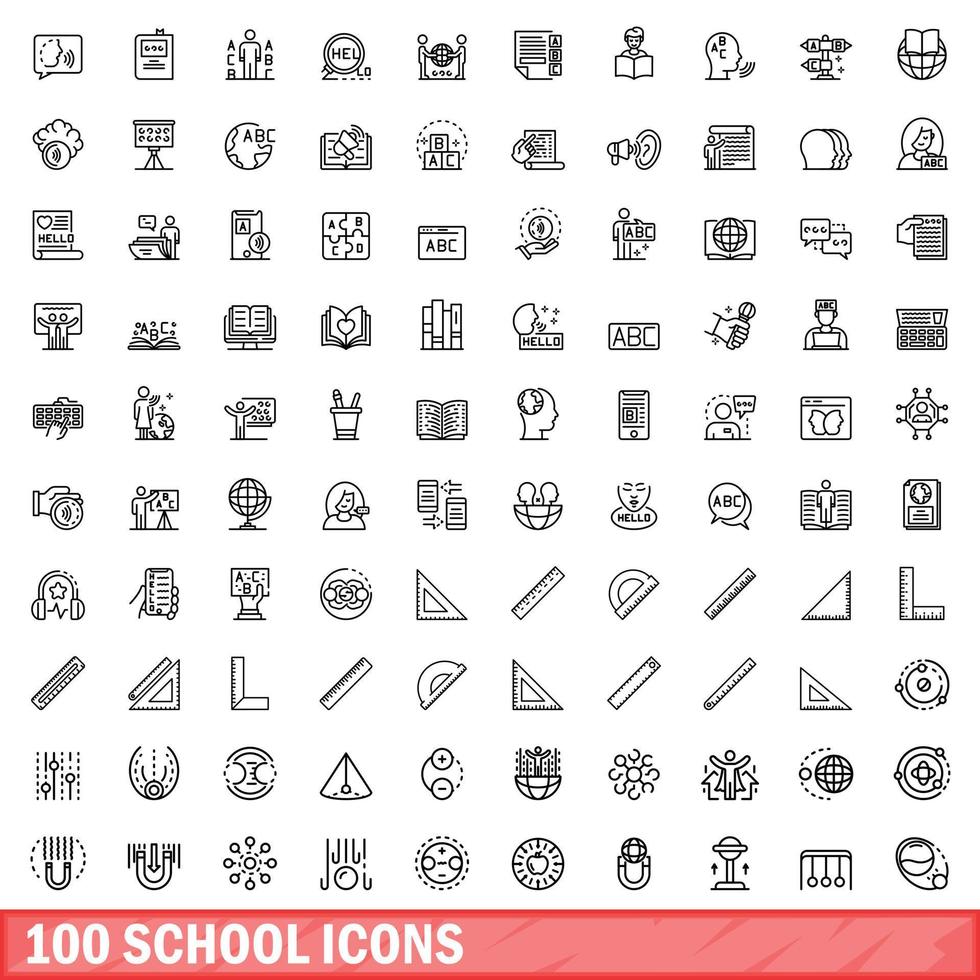 100 school iconen set, Kaderstijl vector