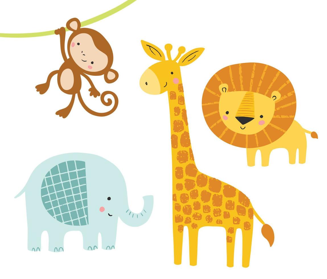 een set van schattige jungle dieren met olifant, leeuw, giraf en aap. grappige dierenkarakters. kinderen, baby vectorillustratie. vector