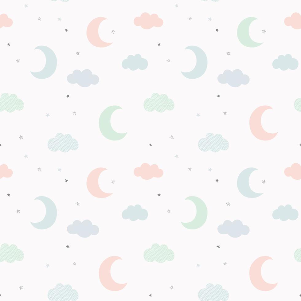 nachtelijke hemel vector patroon met hand getrokken sterren, wolken en maan. schattige naadloze babyachtergrond in delicate pastelkleuren.