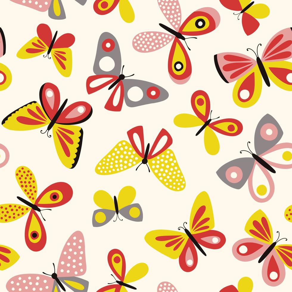 vlinders vector patroon. naadloze achtergrond met vlinder uit de vrije hand tekenen. vintage retro kleuren, grafische stijl.