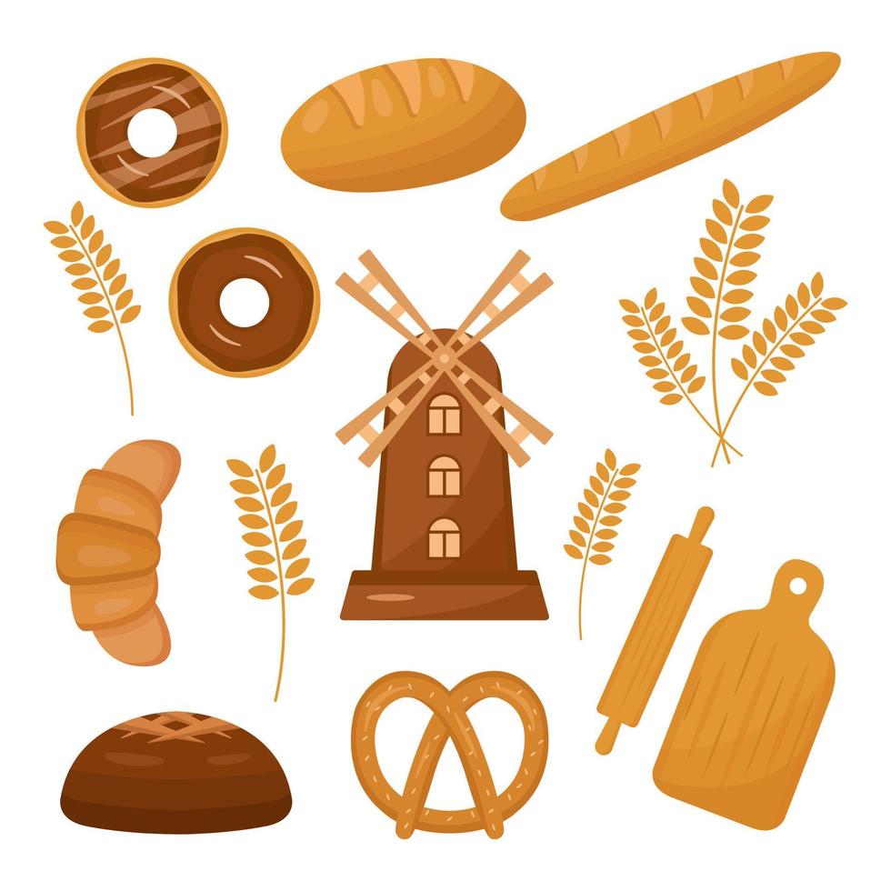 bakkerij vector illustratie set van brood, stokbrood, bretzel, tarwe, croissant, bagel, donut met chocolade, windmolen, snijplank, deegroller.