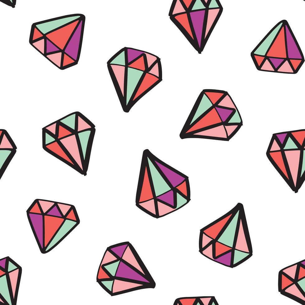 naadloze vector diamantpatroon met hand getrokken kleurrijke diamanten en edelstenen in doodle stijl. trendy mode-achtergrond.
