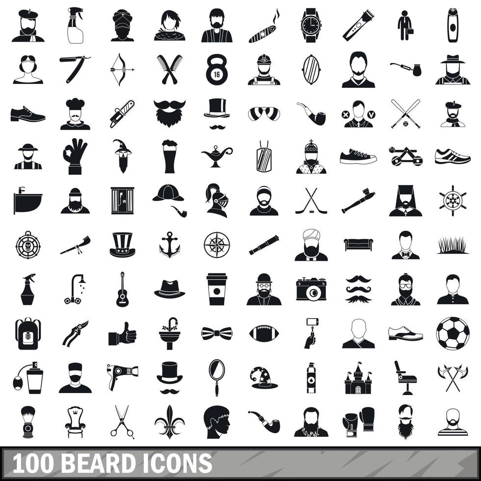 100 baard iconen set, eenvoudige stijl vector