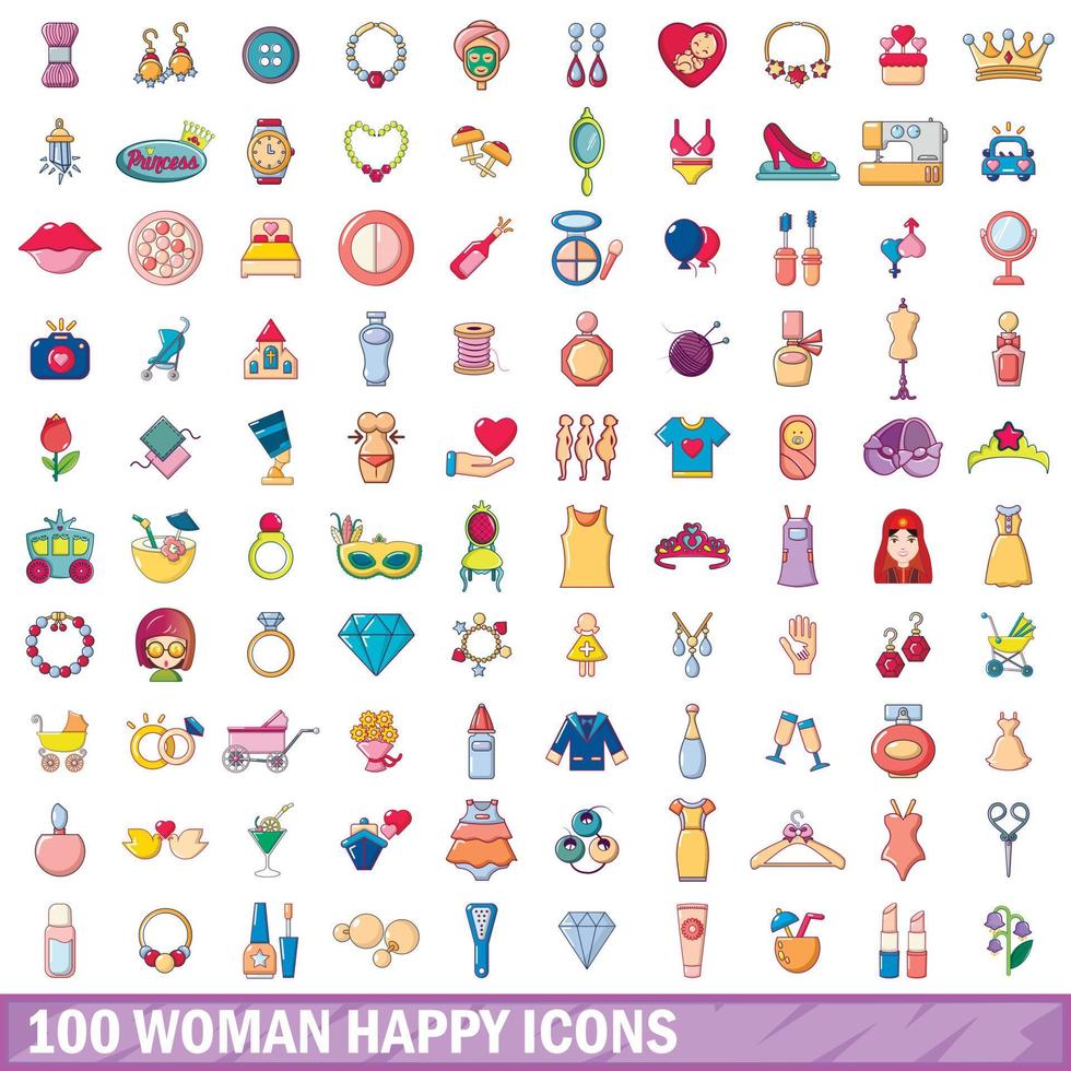 100 vrouw gelukkig iconen set, cartoon stijl vector