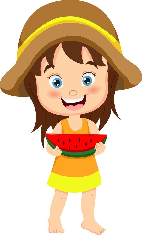 tekenfilm klein meisje met een watermeloen vector