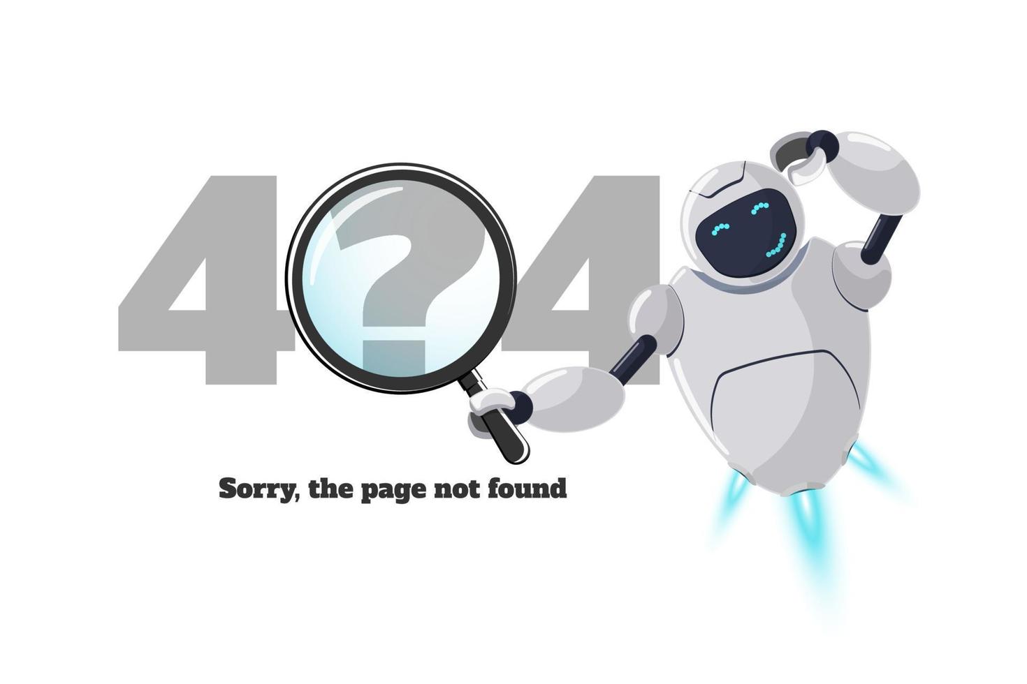 websitepagina niet gevonden fout 404. bezorgd robotkarakter met vergrootglas in de hand. sitecrash op technisch werk eps webontwerpsjabloon met chatbot-mascotte. cartoon online bot assistentie mislukt vector